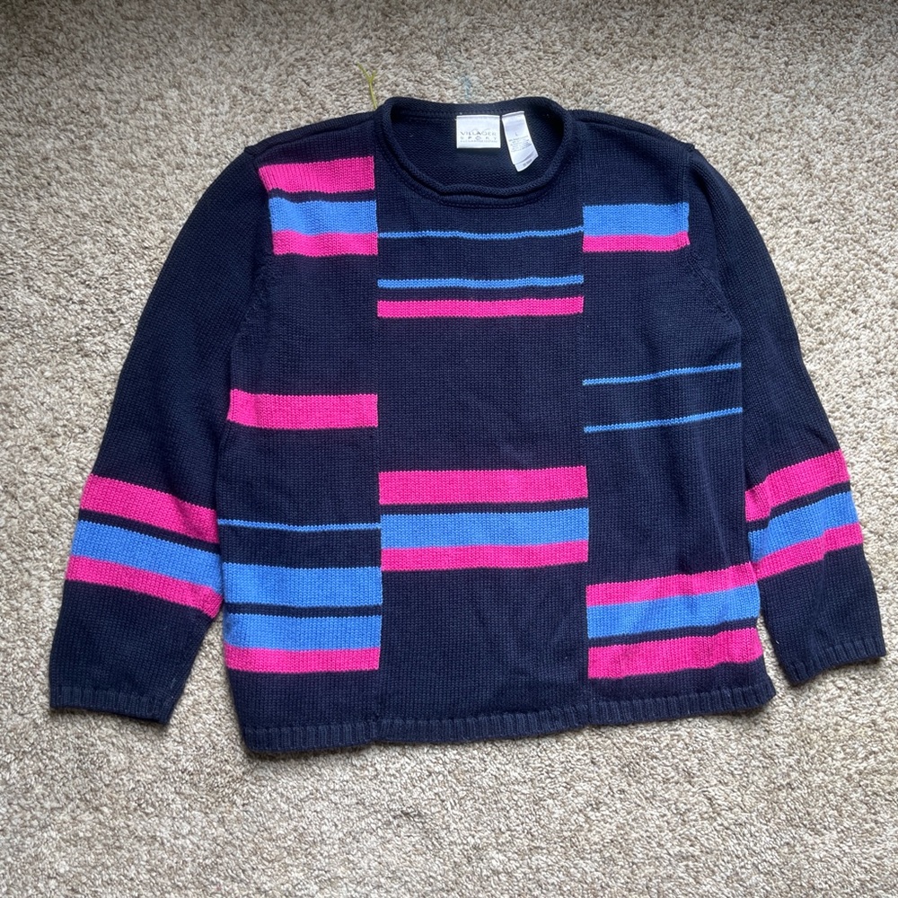 Vintage women’s large Navy blue Sweater with retro Pink and Blue Stripes